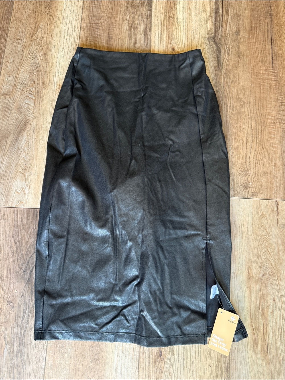 Popilush Shapewear Sculpting Faux Leather Front Slit Midi Skirt